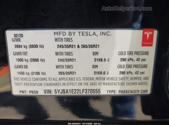 5YJSA1E22LF370555 2020 TESLA MODEL S Черный Вид подкапотного пространства