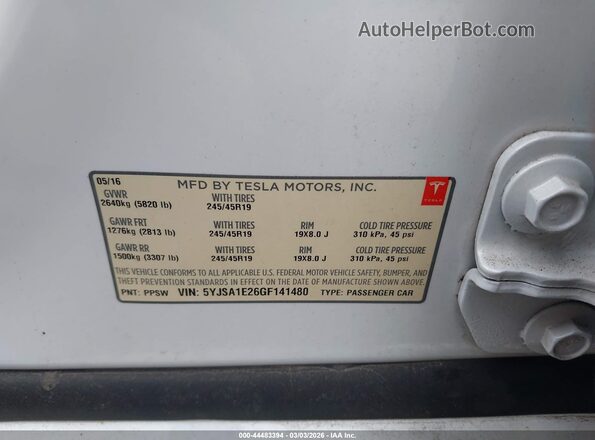 5YJSA1E26GF141480 2016 TESLA MODEL S Белый Вид подкапотного пространства