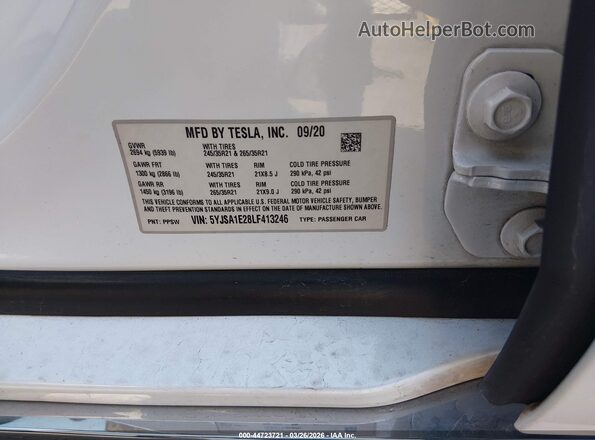 5YJSA1E28LF413246 2020 TESLA MODEL S Белый Вид подкапотного пространства
