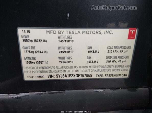 5YJSA1E2XGF167869 2016 TESLA MODEL S Серый Вид подкапотного пространства