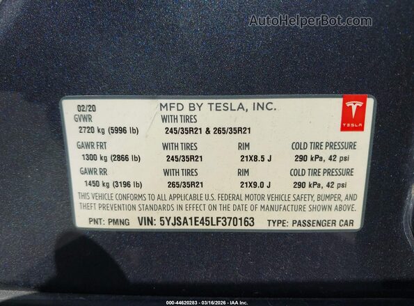 5YJSA1E45LF370163 2020 TESLA MODEL S Серый Вид подкапотного пространства