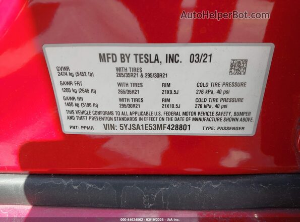 5YJSA1E53MF428801 2021 TESLA MODEL S Красный Вид подкапотного пространства
