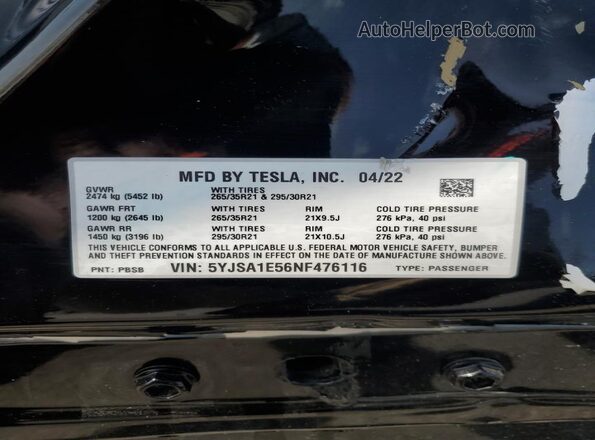 5YJSA1E56NF476116 2022 TESLA MODEL Black Widok naklejki z numerem VIN