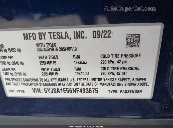 5YJSA1E56NF493675 2022 TESLA MODEL S Синий Вид подкапотного пространства