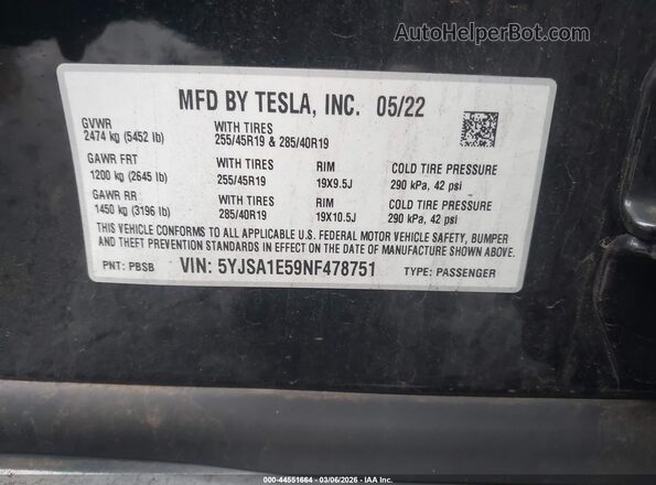5YJSA1E59NF478751 2022 TESLA MODEL S Black Widok komory silnika