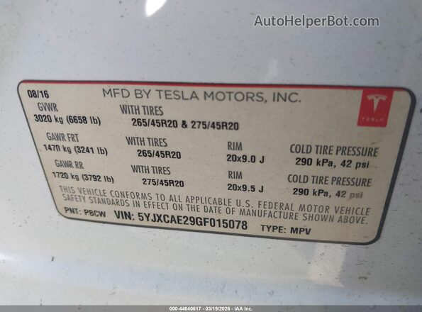 5YJXCAE29GF015078 2016 TESLA MODEL X White Widok komory silnika
