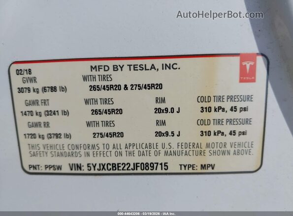 5YJXCBE22JF089715 2018 TESLA MODEL X White Widok komory silnika
