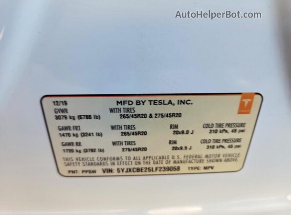 5YJXCBE25LF239058 2020 TESLA MODEL Белый Вид наклейки с VIN-кодом