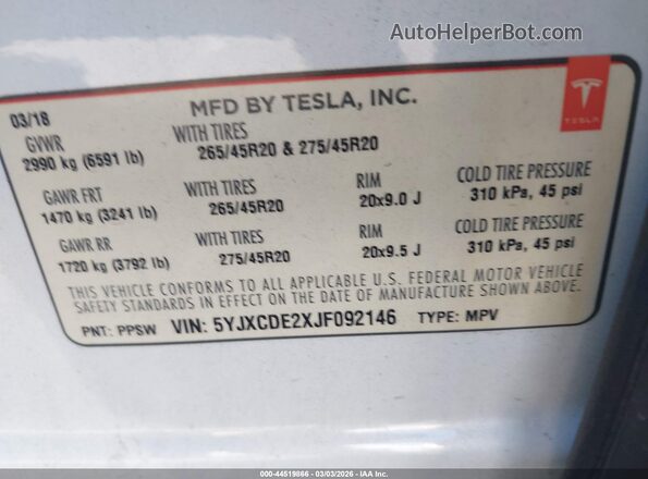 5YJXCDE2XJF092146 2018 TESLA MODEL X White Widok komory silnika