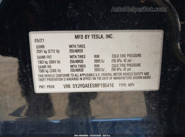 5YJYGAEE5MF195416 2021 TESLA MODEL Y Черный Вид подкапотного пространства