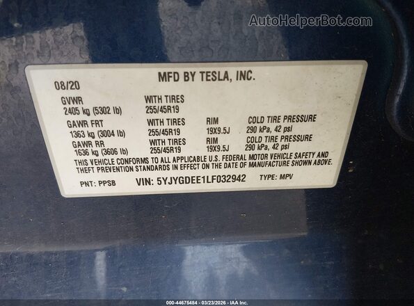 5YJYGDEE1LF032942 2020 TESLA MODEL Y Синий Вид подкапотного пространства