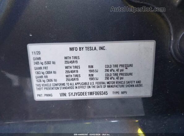 5YJYGDEE1MF069345 2021 TESLA MODEL Y Gray Vista del compartimento del motor