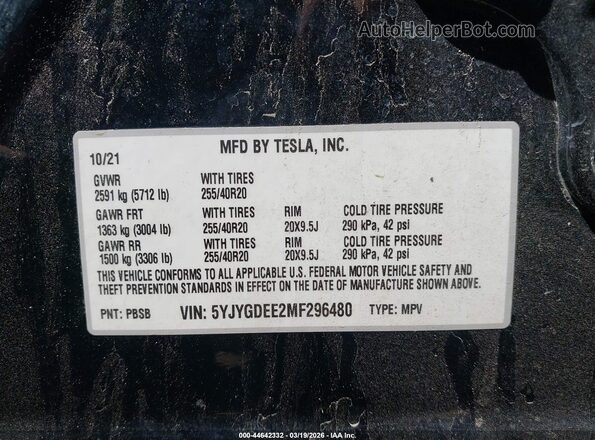 5YJYGDEE2MF296480 2021 TESLA MODEL Y Black Вид підкапотного простору