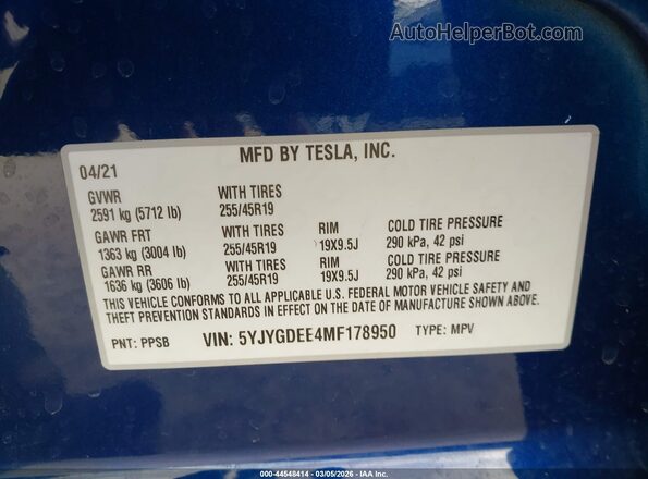 5YJYGDEE4MF178950 2021 TESLA MODEL Y Blue ძრავის განყოფილების ხედი