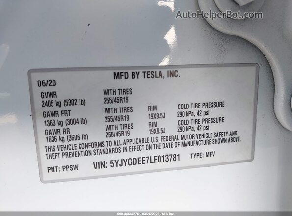 5YJYGDEE7LF013781 2020 TESLA MODEL Y White Вид підкапотного простору