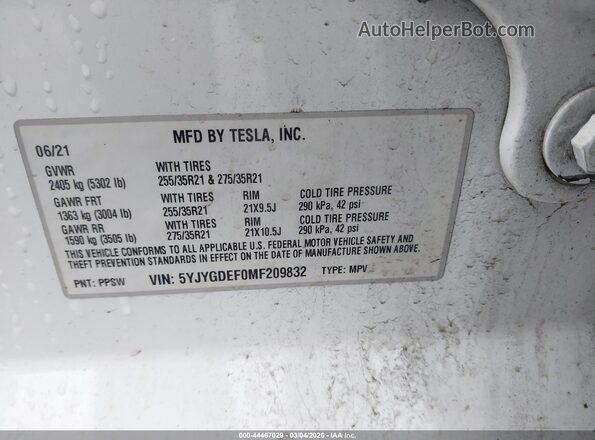 5YJYGDEF0MF209832 2021 TESLA MODEL Y Белый Вид подкапотного пространства