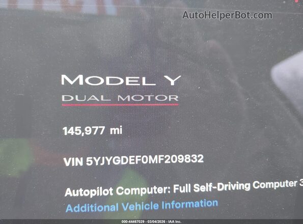 5YJYGDEF0MF209832 2021 TESLA MODEL Y Белый 
