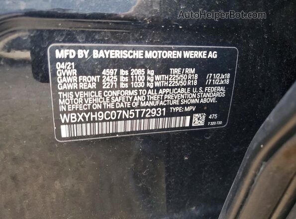 WBXYH9C07N5T72931 2022 BMW X2 Черный Панорамный вид салона 360°