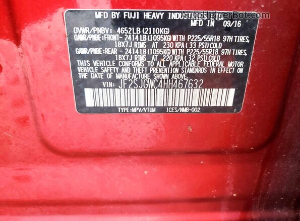 JF2SJGWC4HH467632 2017 SUBARU FORESTER2. Red Widok wnętrza 360 stopni