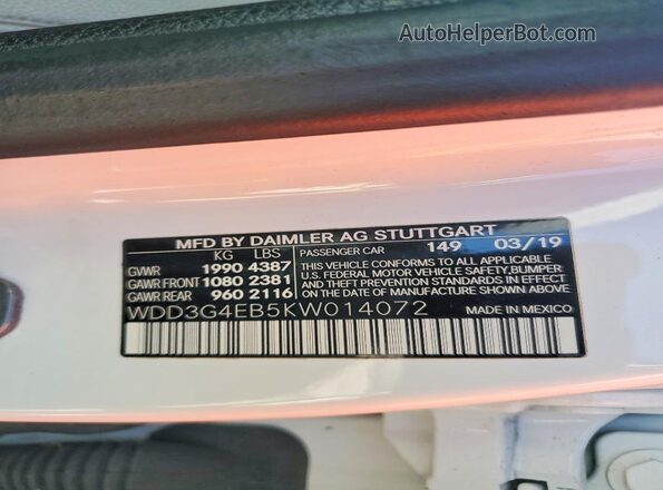 WDD3G4EB5KW014072 2019 MERCEDES-BENZ A White Widok naklejki z numerem VIN
