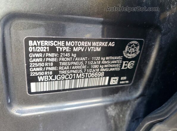 WBXJG9C01M5T06698 2021 BMW X1 Серый Панорамный вид салона 360°