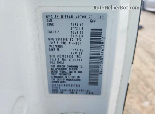 3N6CM0KN9KK697882 2019 NISSAN NV200 White Вид підкапотного простору