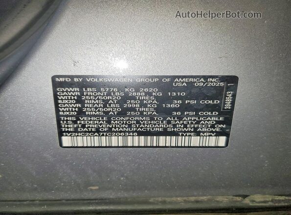 1V2HC2CA7TC206346 2026 VOLKSWAGEN ATLAS Silver Widok wnętrza 360 stopni