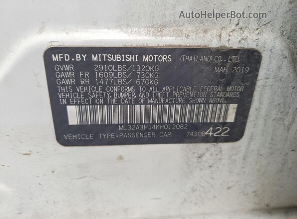 ML32A3HJ4KH012082 2019 MITSUBISHI MIRAGE Белый Вид наклейки с VIN-кодом