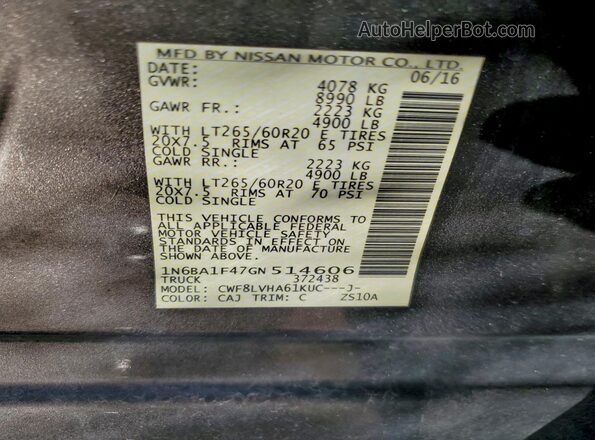 1N6BA1F47GN514606 2016 NISSAN TITAN Brown Widok naklejki z numerem VIN