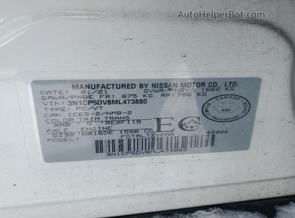 3N1CP5DV8ML473880 2021 NISSAN KICKS White Vista de la etiqueta del VIN