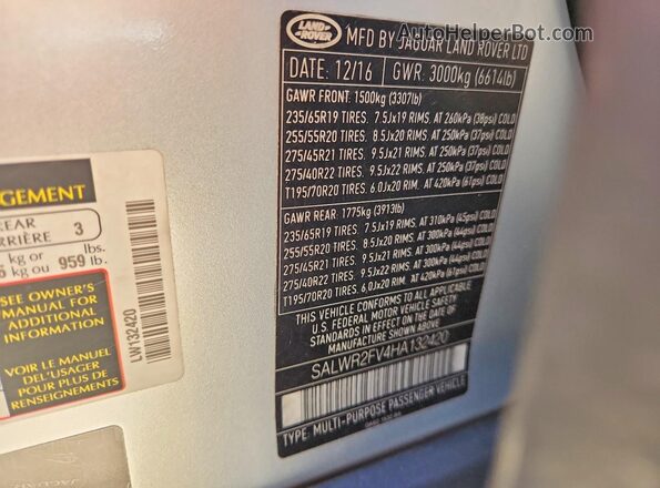 SALWR2FV4HA132420 2017 LAND ROVER RANGE Silver Widok wnętrza 360 stopni