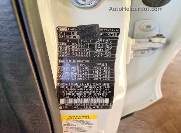 SALCR2FX5KH802477 2019 LAND ROVER DISCOVERY Белый Панорамный вид салона 360°