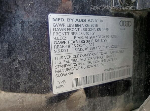 WA1VAAF70KD007467 2019 AUDI Q7 Black Widok naklejki z numerem VIN