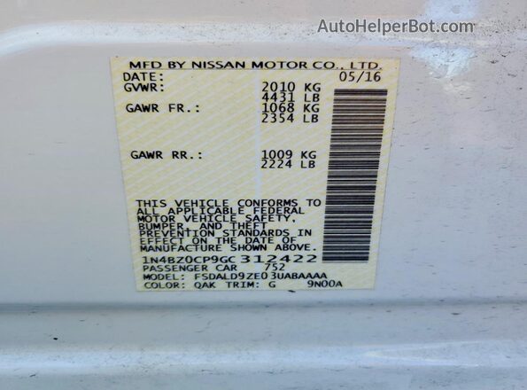 1N4BZ0CP9GC312422 2016 NISSAN LEAF White Widok komory silnika