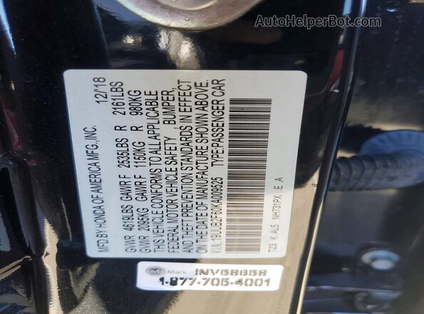 19UUB2F60KA009525 2019 ACURA TLX Черный Вид наклейки с VIN-кодом
