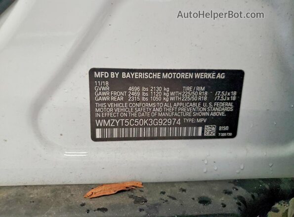 WMZYT5C50K3G92974 2019 MINI COOPER White VIN კოდის სტიკერის ხედი