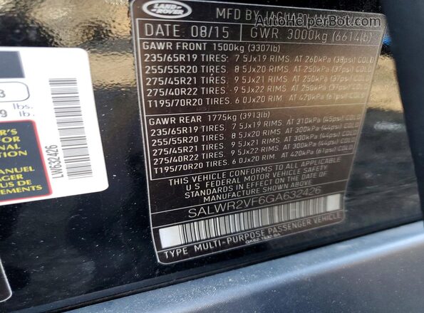 SALWR2VF6GA632426 2016 LAND ROVER RANGE ROVER Black Widok wnętrza 360 stopni