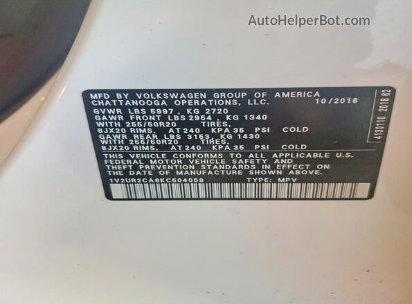 1V2UR2CA8KC504058 2019 VOLKSWAGEN ATLAS White Widok wnętrza 360 stopni