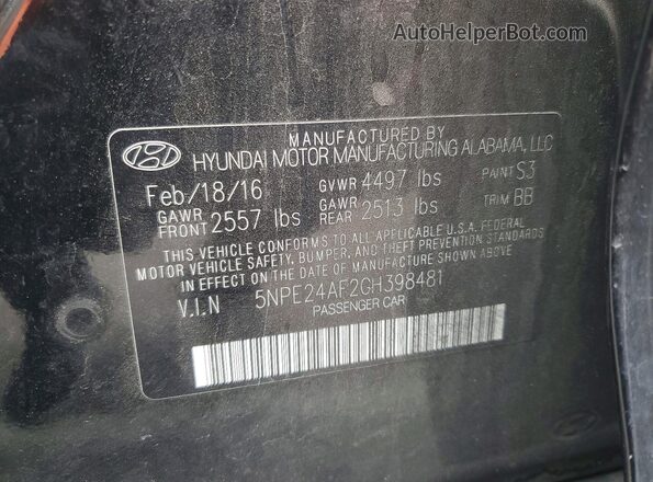 5NPE24AF2GH398481 2016 HYUNDAI SONATA Black Widok komory silnika