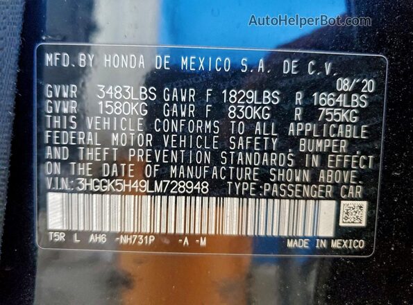 3HGGK5H49LM728948 2020 HONDA FIT Черный Вид подкапотного пространства
