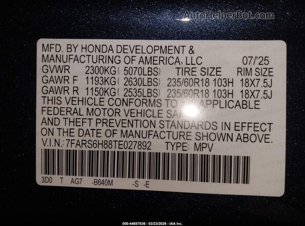 7FARS6H88TE027892 2026 HONDA CR-V HYBRID Dark Blue Вид подкапотного пространства