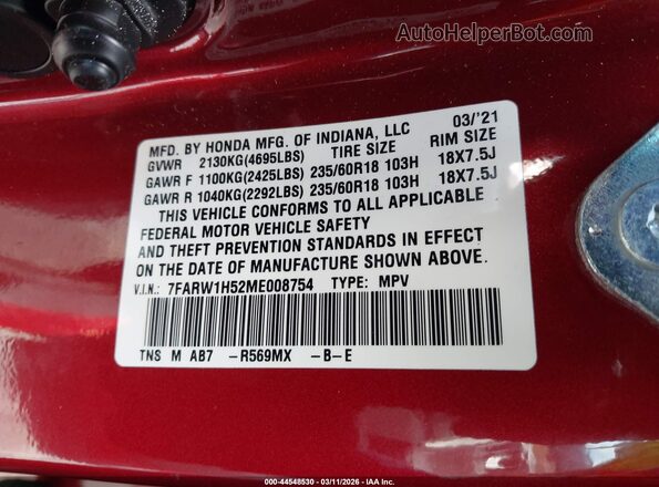 7FARW1H52ME008754 2021 HONDA CR-V Красный Вид подкапотного пространства