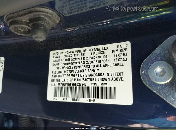 7FARW1H85HE023345 2017 HONDA CR-V Blue ძრავის განყოფილების ხედი