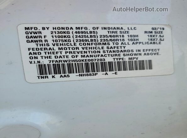 7FARW2H50KE007203 2019 HONDA CR-V Белый Вид наклейки с VIN-кодом