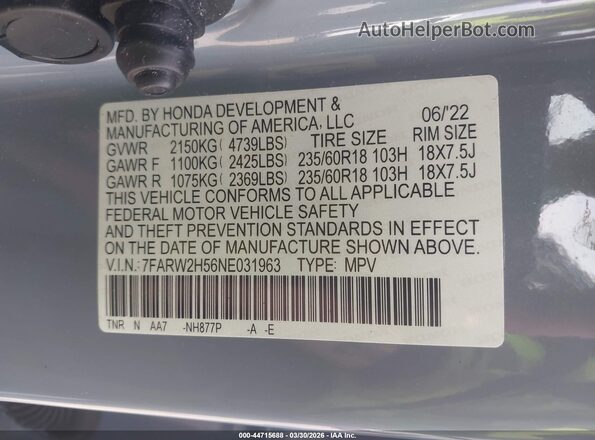 7FARW2H56NE031963 2022 HONDA CR-V Синий Вид подкапотного пространства