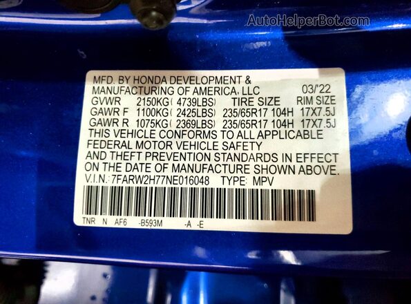 7FARW2H77NE016048 2022 HONDA CR-V Синий Вид наклейки с VIN-кодом