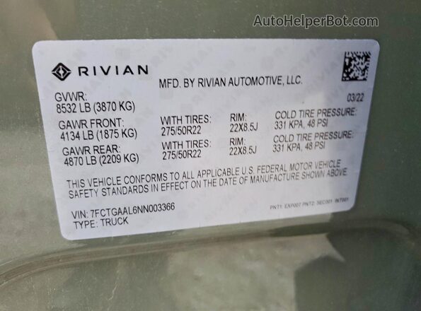 7FCTGAAL6NN003366 2022 RIVIAN R1T Green Շարժիչի բաժամունքի տեսք