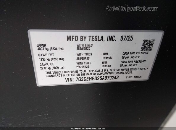 7G2CEHED2SA079243 2025 TESLA CYBERTRUCK Gray Widok komory silnika