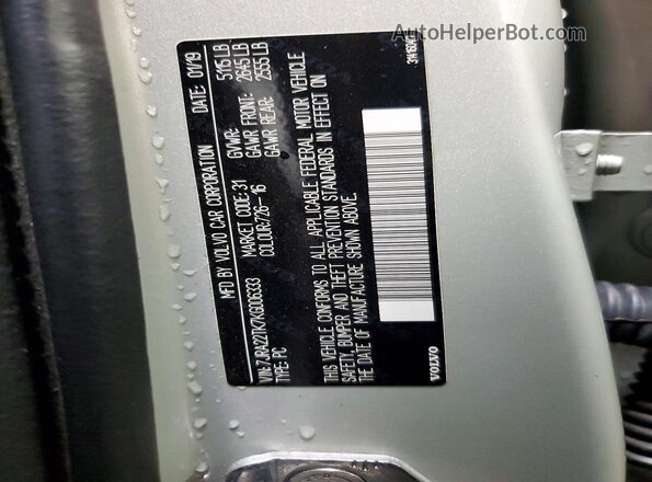7JRA22TK7KG006333 2019 VOLVO S60 Silver Vista de la etiqueta del VIN