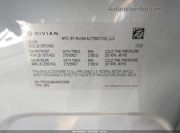 7PDSGABA4RN033589 2024 RIVIAN R1S Серебряный Вид подкапотного пространства